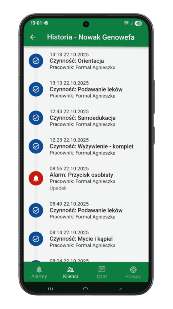 Historia alarmów SOS i wykonanych czynności opiekuńczych klienta w aplikacji HelpLivi.