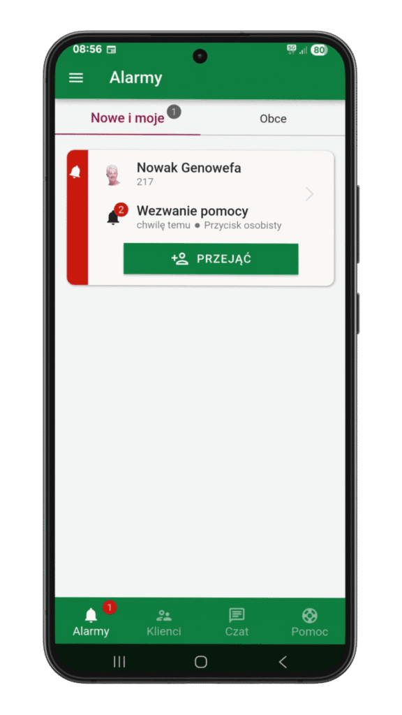 Aplikacja HelpLivi wyświetla aktywny alarm SOS klienta z możliwością natychmiastowego przejęcia zgłoszenia przez personel.