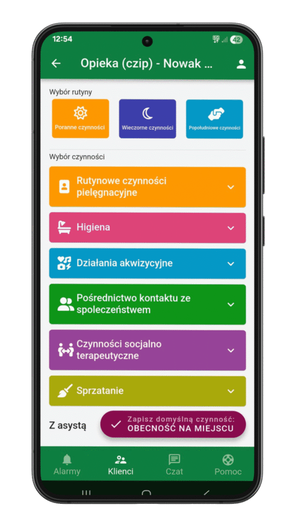 Aplikacja HelpLivi umożliwia wybór i rejestrowanie wykonanych czynności opiekuńczych oraz prowadzenie elektronicznej dokumentacji opieki.