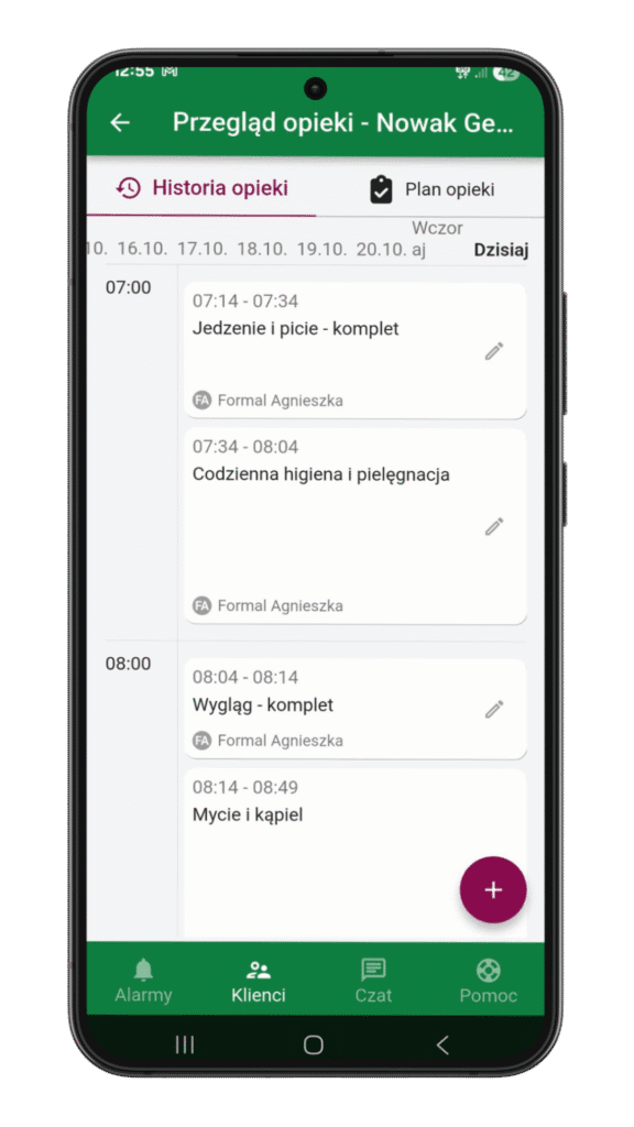 Historia opieki klienta w aplikacji HelpLivi z harmonogramem wykonanych czynności i elektroniczną dokumentacją opieki.