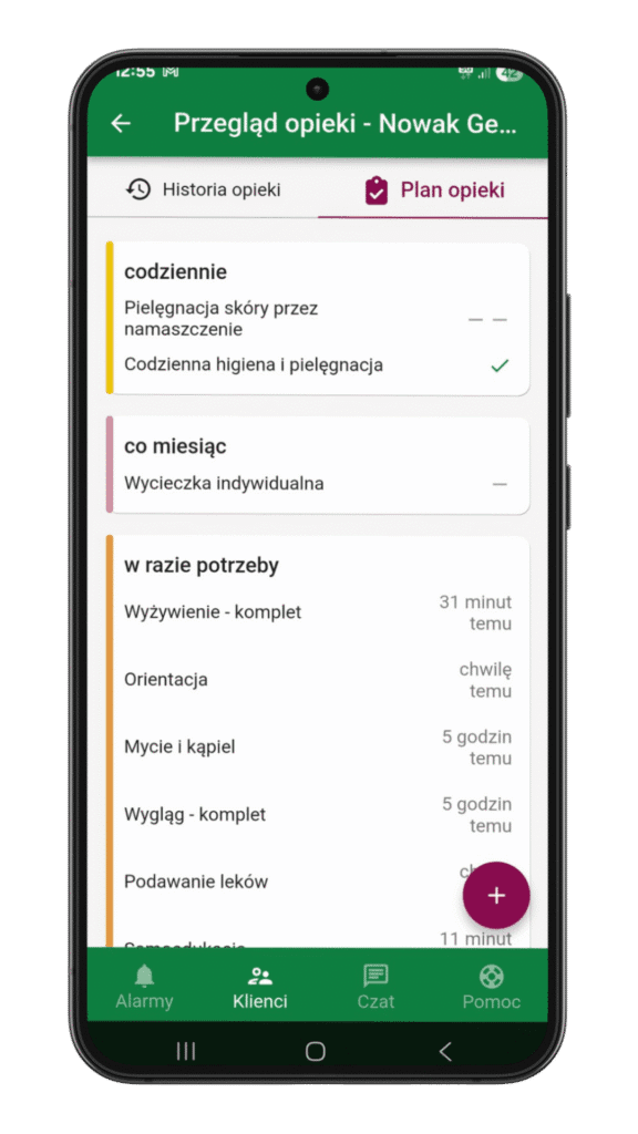 Plan opieki i historia wykonanych czynności w aplikacji HelpLivi z podglądem realizacji opieki nad klientem.